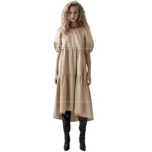 ZARA Tiered Puff Sleeve Asymmetric Hem Midi Dress in Khaki Tan Poplin Size Small
